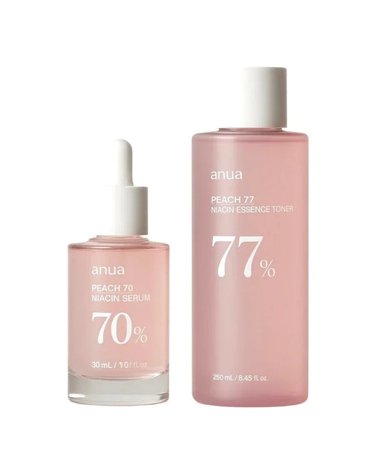 Kit Anua Peach – Sérum + Tónico com Niacinamida para Uniformizar e Hidratar a Pele