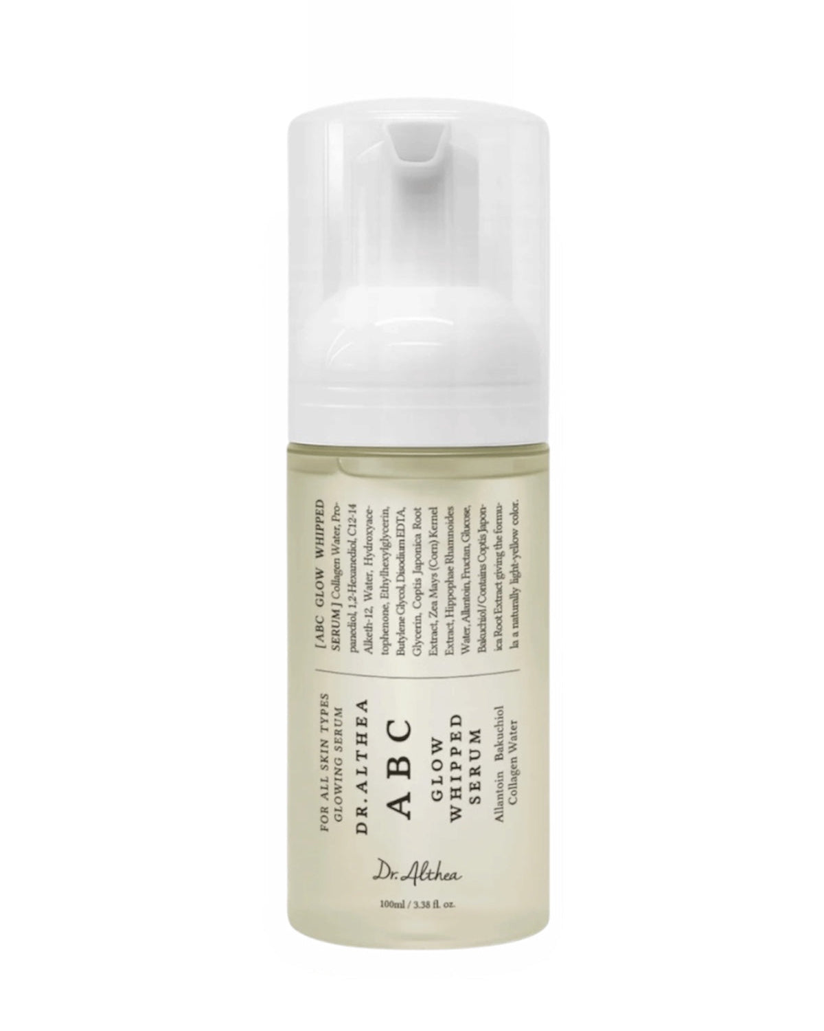Dr. Althea – ABC Glow Whipped Serum é um sérum vegano com uma textura única "foam-to-water" que proporciona luminosidade imediata. Ao aplicar, a mousse leve transforma-se numa essência de rápida absorção que hidrata a pele em profundidade, uniformiza o tom da pele e deixa um brilho natural.

A fórmula é enriquecida com água de colagénio e bakuchiol, que em conjunto melhoram a elasticidade da pele e reduzem a visibilidade das linhas finas. A água de espinheiro-marítimo e a alantoína acalmam a pele e proporci