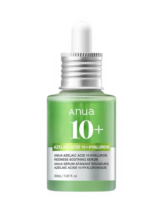 Suaviza a vermelhidão e acalma a pele problemática com o Anua Azelaic Acid 10 Hyaluron Redness Soothing Serum. Este sérum leve e aquoso está repleto de ácido azelaico, pantenol, sumo de aloé e extrato de centella para combater o acne, a rosácea e a irritação, ao mesmo tempo que proporciona uma hidratação profunda.

A niacinamida contribui para esbater a hiperpigmentação, enquanto o ácido hialurónico retém a hidratação para uma tez carnuda e saudável. Com uma fórmula de baixa irritação, este sérum acalma sua