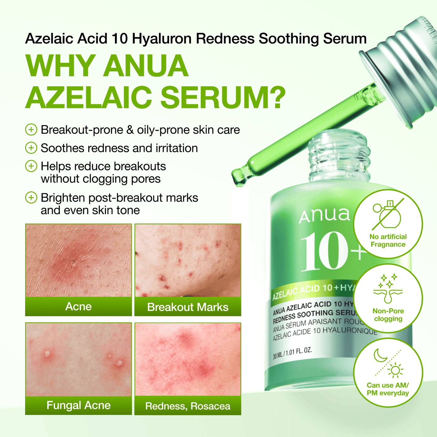 ANUA Azelaic Acid 10 Hyaluron Redness Soothing Serum – Anti-Vermelhidão e Manchas