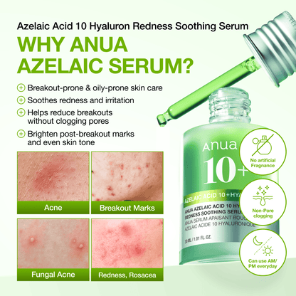 ANUA Azelaic Acid 10 Hyaluron Redness Soothing Serum – Anti-Vermelhidão e Manchas