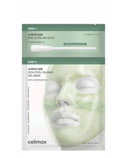 Ji Woo Gae Cica PHA Peel 2-Step Gel Mask proporciona uma esfoliação delicada e melhora a textura da pele 

Este produto da Celimax consiste em dois passos para um cuidado facial completo: um stick de peeling para remover células mortas e uma máscara calmante para reduzir a sensação desagradável de secura e repuxamento