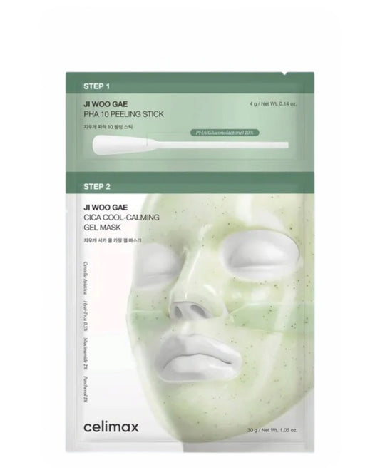 Ji Woo Gae Cica PHA Peel 2-Step Gel Mask proporciona uma esfoliação delicada e melhora a textura da pele 

Este produto da Celimax consiste em dois passos para um cuidado facial completo: um stick de peeling para remover células mortas e uma máscara calmante para reduzir a sensação desagradável de secura e repuxamento