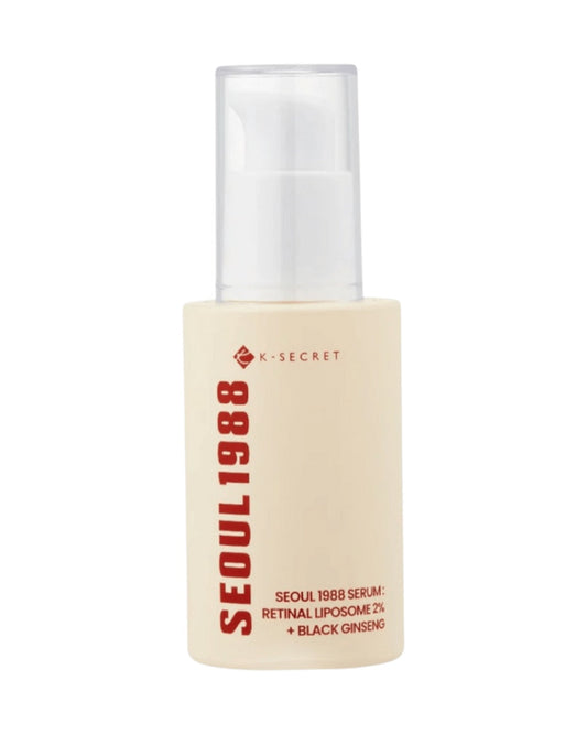 K-SECRET SEOUL 1988 Serum combina ingredientes avançados para combater eficazmente os sinais de envelhecimento e melhorar a elasticidade da pele. Com 2% de Retinal Liposome e 58% de extrato de ginseng preto